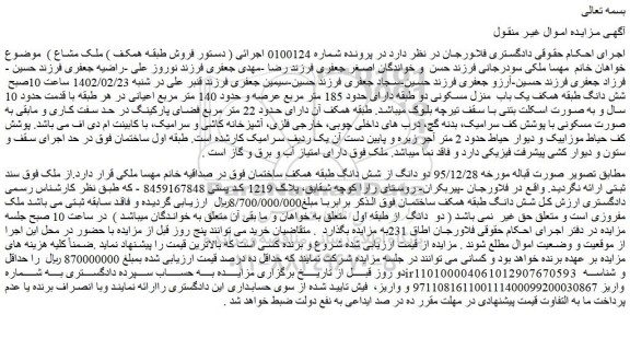 مزایده شش دانگ طبقه همکف یک باب  منزل مسکونی