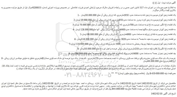 مزایده فروش یک قطعه زمین آبیزار،موسوم به زمین شنه به مساحت حدود 1950مترمربع