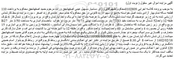 مزایده فروش شش دانگ اعیانی با عرصه مشاع اجاره ای یک واحد آپارتمان