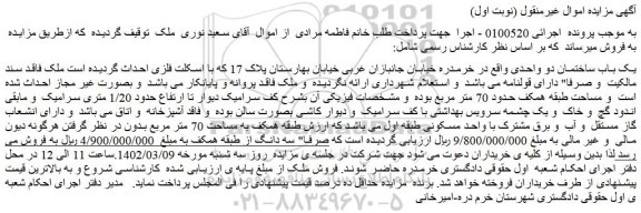 مزایده فروش یک باب ساختمان دو واحدی