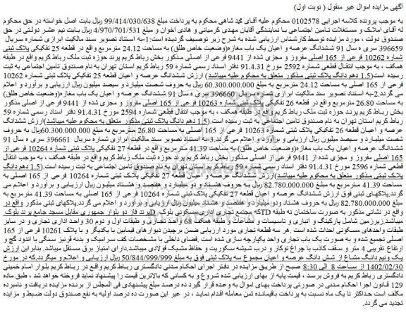 مزایده فروش ششدانگ عرصه و اعیان یک باب مغازه(وضعیت خاص طلق) به مساحت 24.12 مترمربع