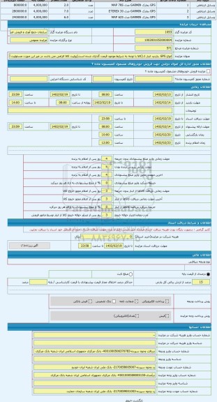 مزایده ، انواع GPS .بازدید انبار 1.(کالا با توجه به شرایط موجود قیمت گذاری شده است)روئیت کالا الزامی می باشد در غیر این صورت مسئ