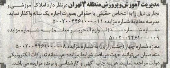 مزایده واگذاری املاک آموزشی و تجاری 