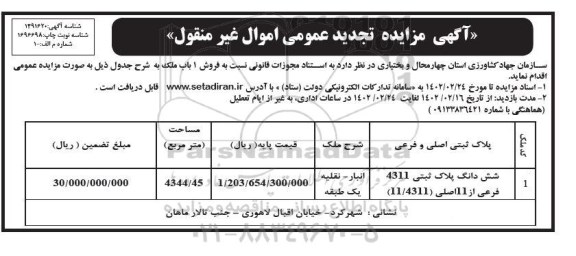 تجدید مزایده فروش 1 باب ملک