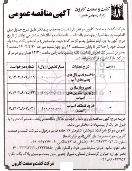 مناقصه ساخت و عملیات پانل های پمپ های آب ...