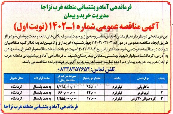مناقصه خرید ماکارونی... ..