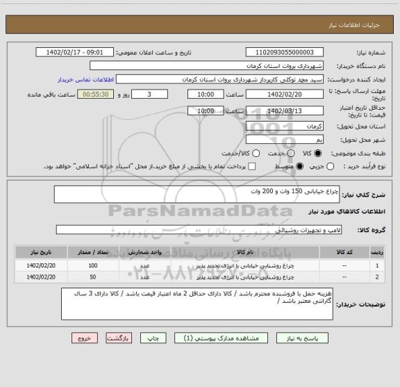 استعلام چراغ خیابانی 150 وات و 200 وات