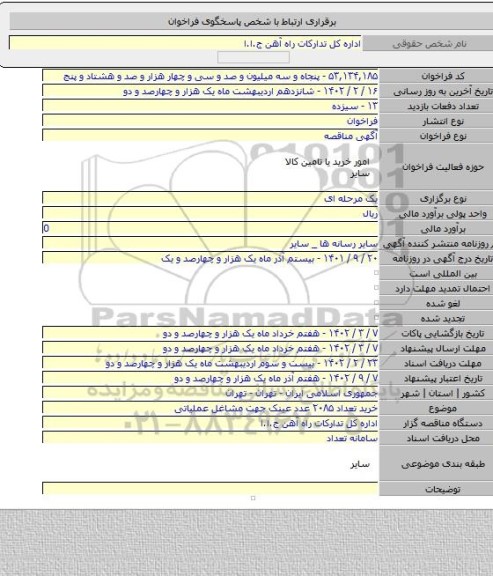 مناقصه, خرید تعداد ۲۰۸۵ عدد عینک جهت مشاغل عملیاتی