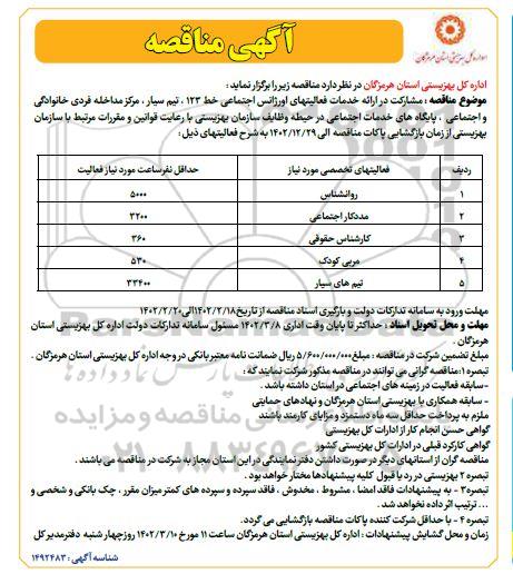 مناقصه مشارکت در ارائه خدمات فعالیتهای اورژانس اجتماعی خط 123، تیم سیار، مرکز مداخله فردی خانوادگی و ...