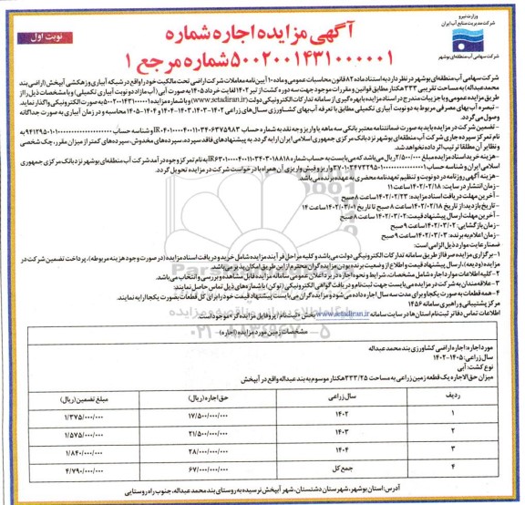 مزایده عمومی اجاره اراضی