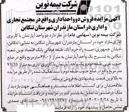 مزایده فروش دو واحد اداری واقع در مجتمع تجاری و اداری