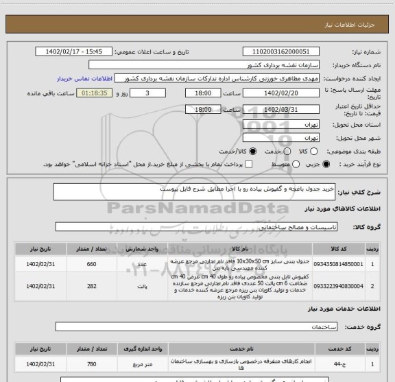 استعلام خرید جدول باغچه و گفپوش پیاده رو با اجرا مطابق شرح فایل پیوست