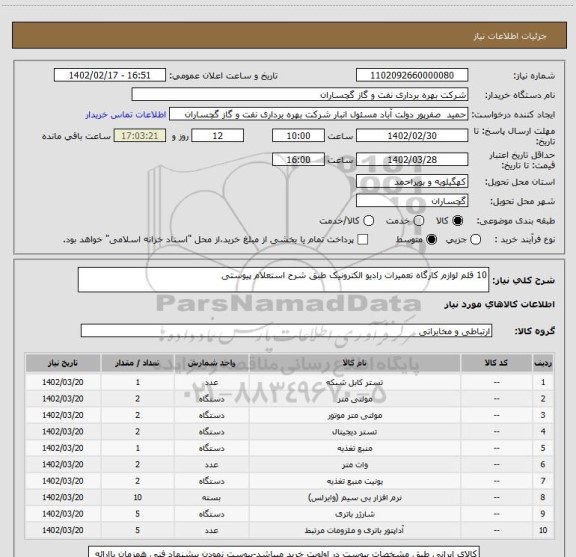 استعلام 10 قلم لوازم کارگاه تعمیرات رادیو الکترونیک طبق شرح استعلام پیوستی