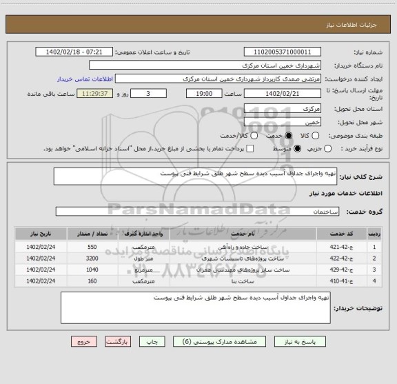استعلام تهیه واجرای جداول آسیب دیده سطح شهر طلق شرایط فنی پیوست