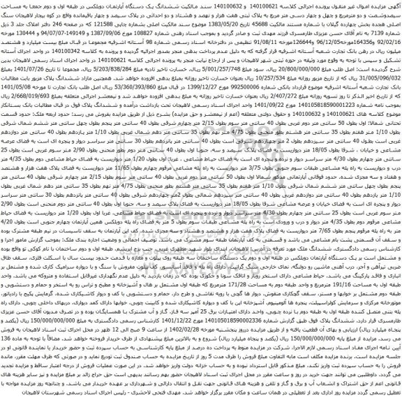 آگهی مزایده ششدانگ یک دستگاه آپارتمان دوبلکس در طبقه اول و دوم جمعا به مساحت سیصدوشصت و دو مترمربع و چهل و چهار دسی متر مربع 