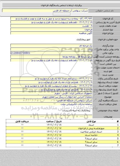 مناقصه, عملیات اجرایی خط انتقال آب رینگ بین مخازن جهرم