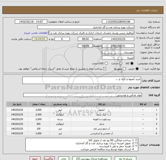 استعلام خرید آبمیوه و کیک و ...