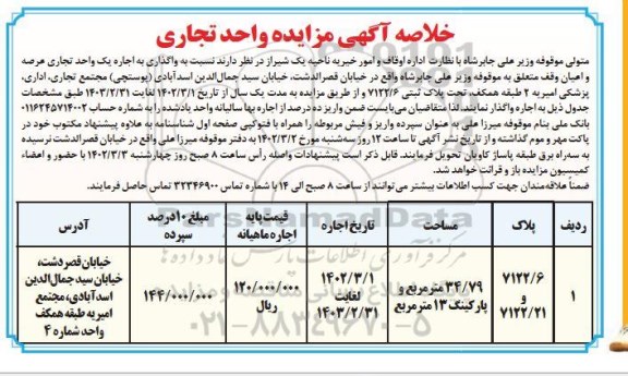 مزایده واگذاری به اجاره یک واحد تجاری تحت پلاک ثبتی 7122/6