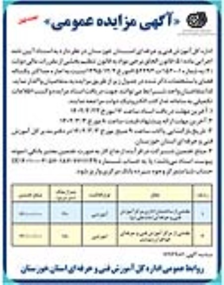 مزایده بخشی از ساختمان اداری مرکز آموزش...
