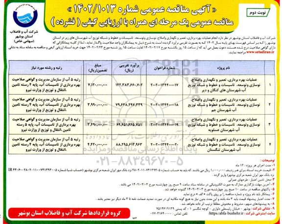 مناقصه عملیات بهره برداری، تعمیر و نگهداری و اصلاح، نوسازی و توسعه ... نوبت دوم