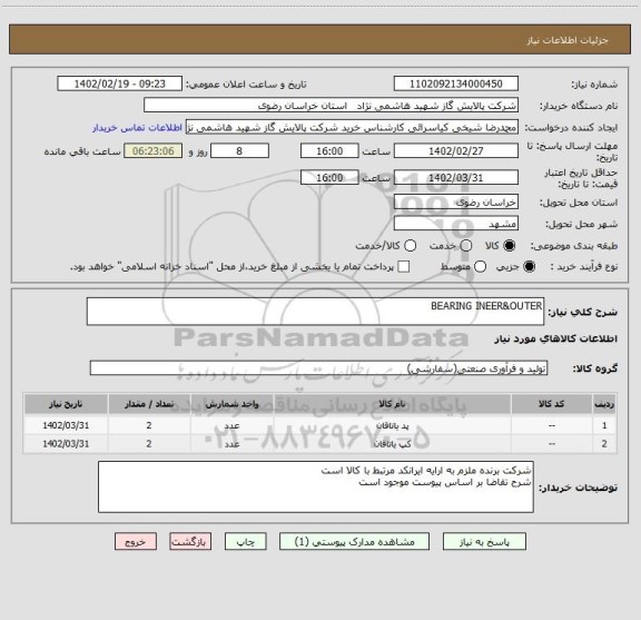 استعلام BEARING INEER&OUTER
