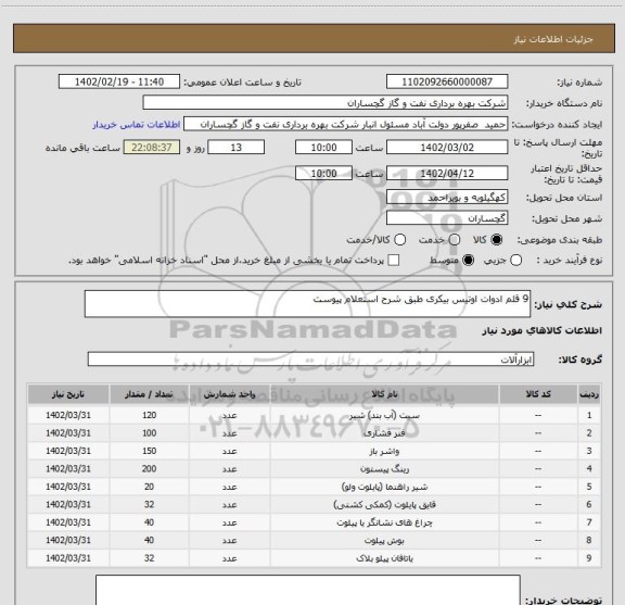 استعلام 9 قلم ادوات اوتیس بیکری طبق شرح استعلام پیوست