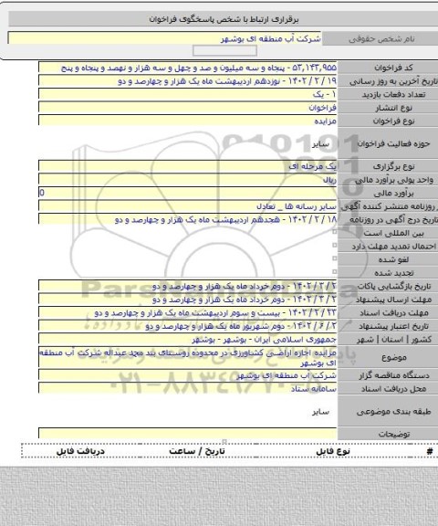 مزایده, مزایده اجاره اراضی کشاورزی در محدوده روستای بند محمد عبداله  شرکت آب منطقه ای بوشهر