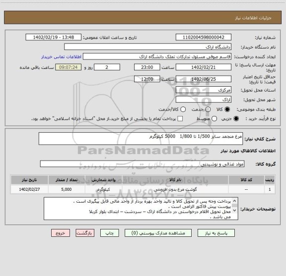 استعلام مرغ منجمد سایز 1/500 تا 1/800   5000 کیلوگرم