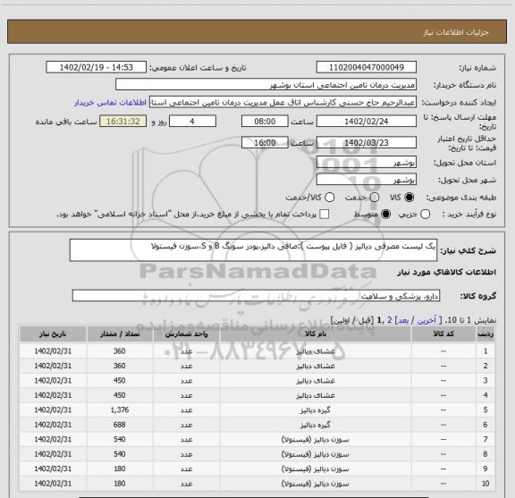 استعلام یک لیست مصرفی دیالیز ( فایل پیوست ):صافی دالیز،پودر سوبگ B و S،سوزن فیستولا