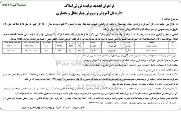 تجدید مزایده فروش دو مورد ساختمان با کاربری مسکونی با سند تک برگ
