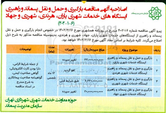 اصلاحیه مناقصه بارگیری و حمل و نقل پسماند و راهبری ایستگاه های خدمات شهری...