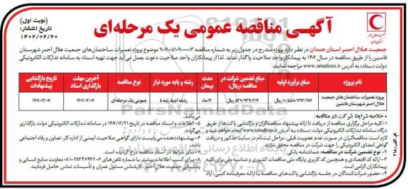 مناقصه پروژه تعمیرات ساختمان های جمعیت هلال احمر