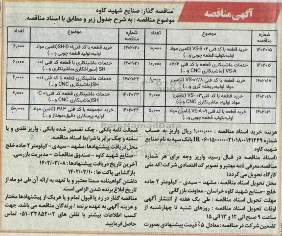 مناقصه خرید قطعه با کد فنی vs-b04 ..
