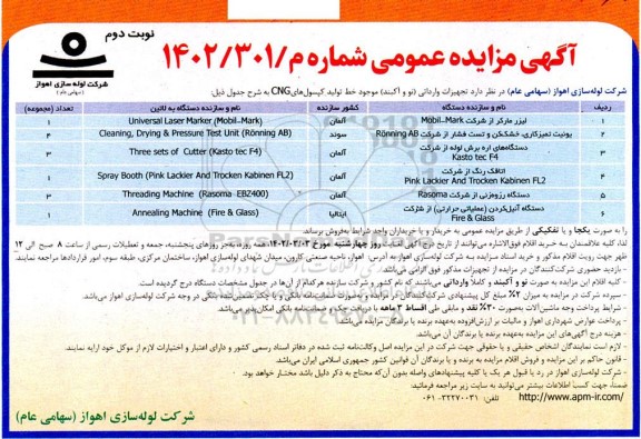 مزایده  تجهیزات وارداتی (نو و آکبند) موجود خط تولید کپسول های CNG