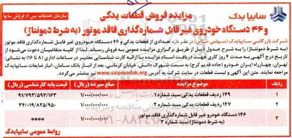 مزایده فروش قطعات یدکی و 46 دستگاه خودروی غیرقابل شماره گذاری 