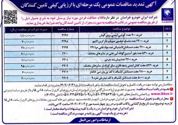 تمدید مناقصه خرید 900 عدد گوشی ایمنی روی گوش و ...