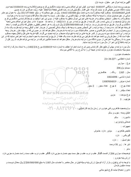 مزایده فروش خودرو سواری سیستم: پژو206 مدل : 1385 رنگ : خاکستری