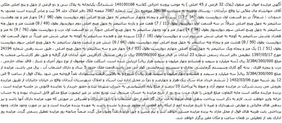 آگهی مزایده ششدانگ یکبابخانه به پلاک سی و دو فرعی از چهل و پنج اصلی