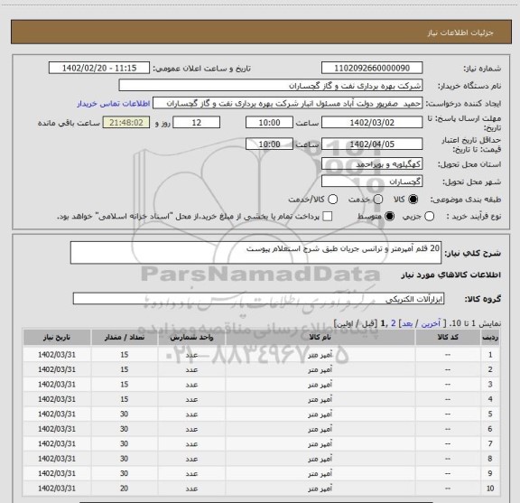 استعلام 20 قلم آمپرمتر و ترانس جریان طبق شرح استعلام پیوست