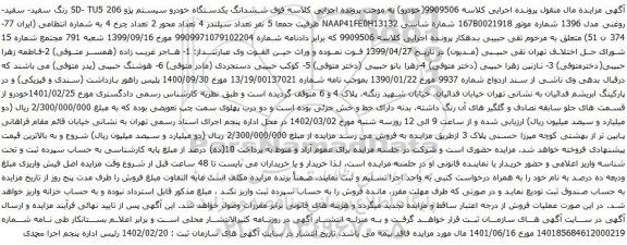 آگهی مزایده ششدانگ یکدستگاه خودرو سیستم پژو SD- TU5 206