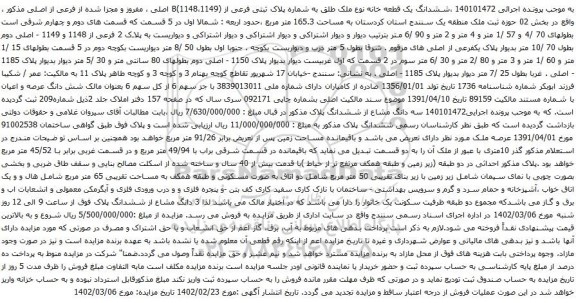 آگهی مزایده ششدانگ یک قطعه خانه نوع ملک طلق به شماره پلاک ثبتی فرعی از (1148،1149)B اصلی