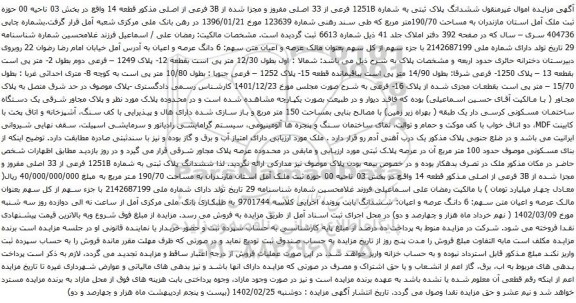 آگهی مزایده ششدانگ پلاک ثبتی به شماره 1251B فرعی از 33 اصلی مفروز و مجزا شده از 3B فرعی از اصلی