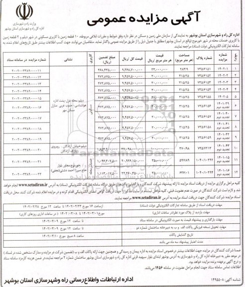 مزایده عمومی   10 قطعه زمین با کاربری مسکونی واقع در شهر دیلم و 2 قطعه زمین با کاربری ...