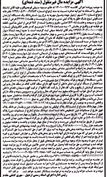 مزایده فروش ششدانگ یکدستگاه آپارتمان مسکونی