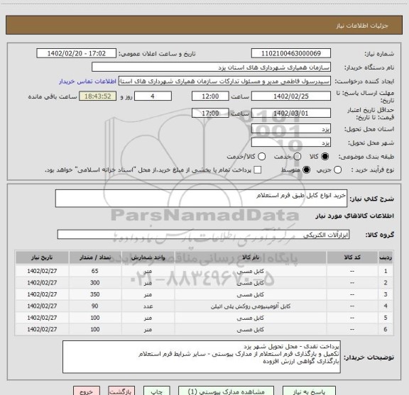 استعلام خرید انواع کابل طبق فرم استعلام