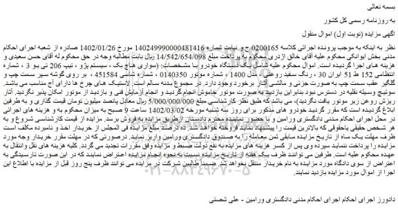 مزایده فروش سواری هاچ بک ، سیستم پژو ، تیپ 206 تی یو 3 