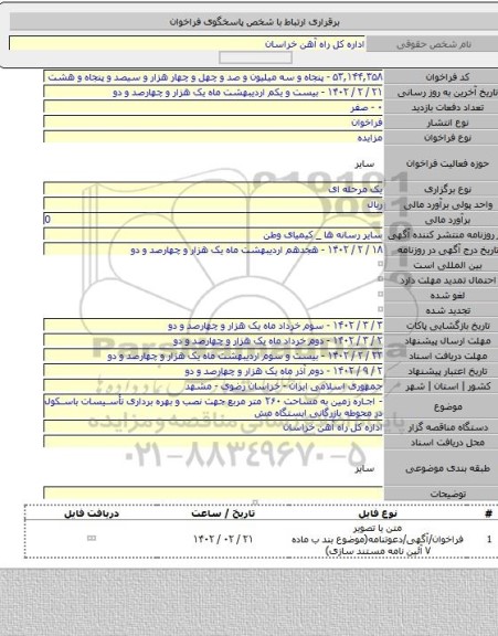 مزایده, - اجاره زمین به مساحت ۲۶۰ متر مربع جهت نصب و بهره برداری تأسیسات باسکول در محوطه بازرگانی ایستگاه مش