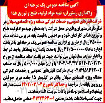 مناقصه  واگذاری رستوران ، تهیه مواد اولیه ، طبخ و توزیع غذا 
