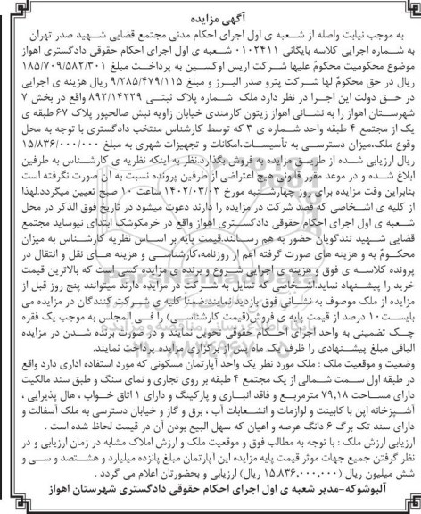 مزایده فروش ملک شماره پلاک ثبتی 892/14229