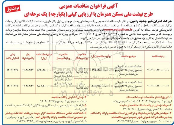 مناقصه احداث 85 واحد ساختمان ویلایی ..